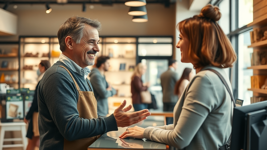 Customer experience: Satisfied customer interacting with helpful retail staff, positive body language, customer reviews signage, real-time feedback.