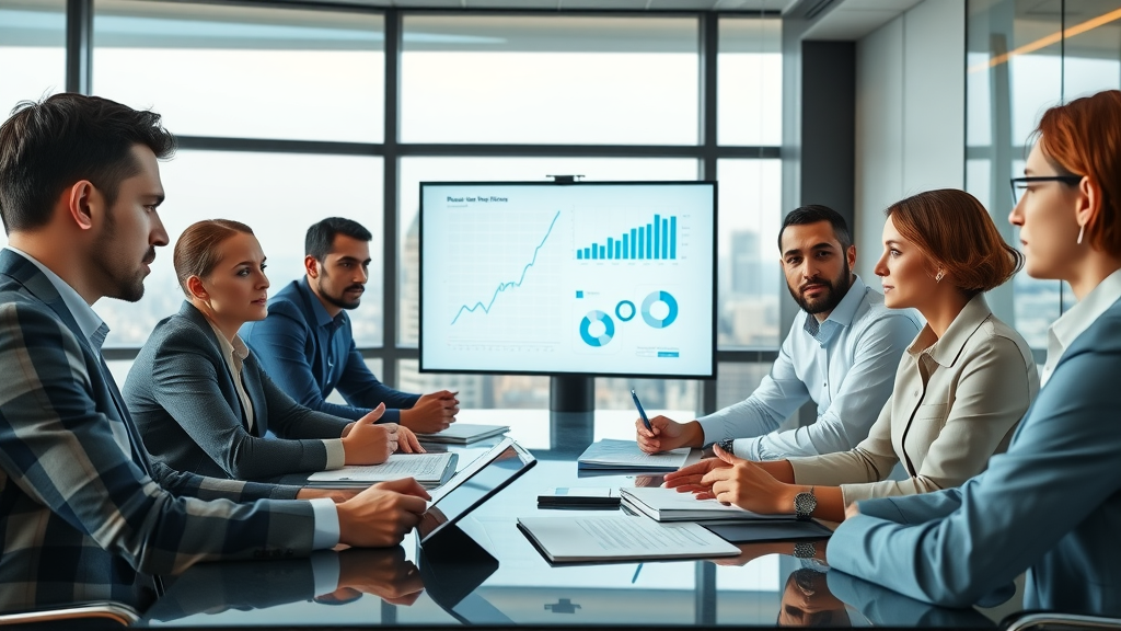 Team reviewing reputation strategy: Professionals discussing customer reviews and analytics using digital devices, review site charts, business strategy.
