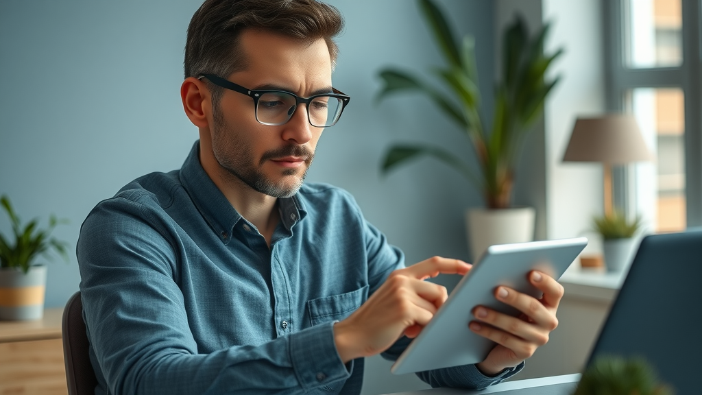 Calm business owner responding to negative customer review on tablet, focused on constructive feedback and resolution.