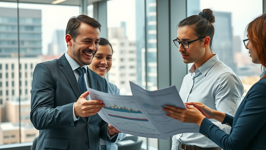 Business professionals analyzing brand equity financial charts in a modern office, cityscape through glass, collaboration and insight