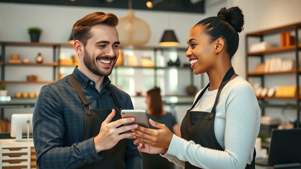 Smiling customer and employee exchanging positive experience—customer loyalty and memorable brand interaction