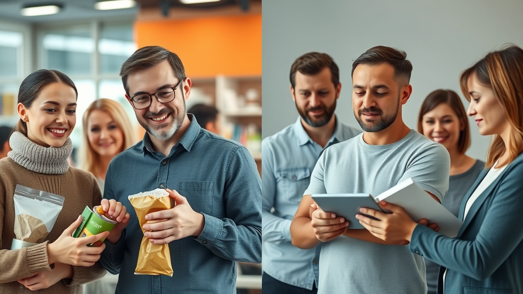 Split image: satisfied customers with premium products vs. dissatisfied people with generic goods showing contrasting brand perceptions
