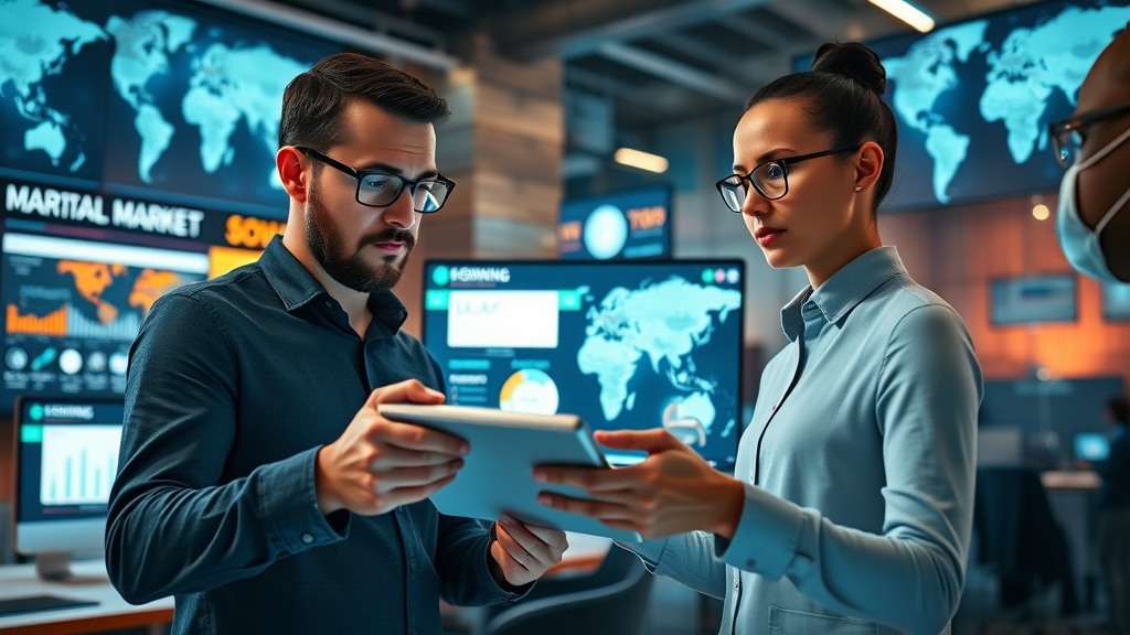 Marketers strategizing cross-platform branding, showing consistent visual identity on multiple digital screens