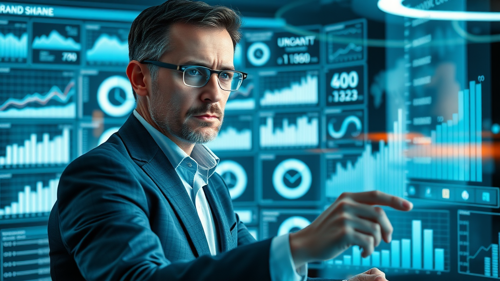 Marketing analyst reviewing brand equity data dashboards and survey metrics in a high-tech office