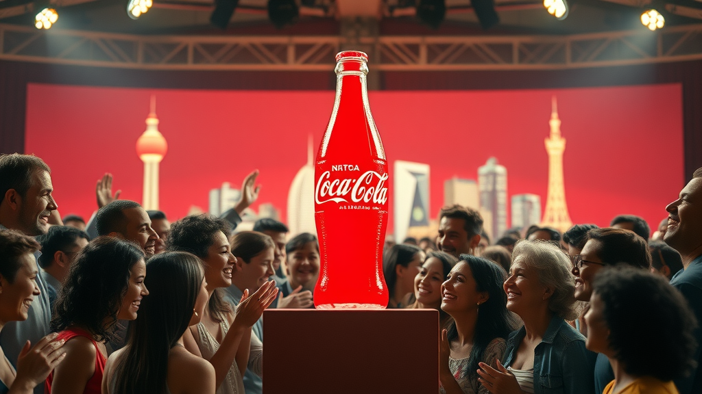 Silhouette resembling Coca-Cola bottle with diverse happy people expressing joy and connection—global celebration of brand equity