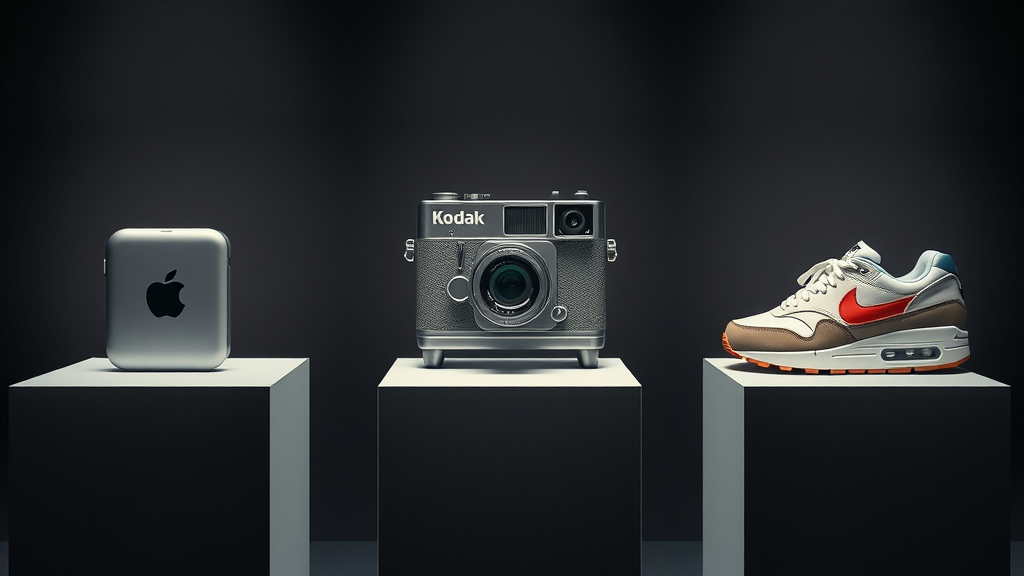Apple device, Kodak camera, and Nike shoe on timeline—brand equity evolution and legacies