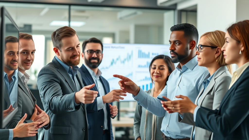 insightful business team in Sterling Heights discussing reputation analytics, brand reputation, digital graphs in modern office, diverse group—brand reputation