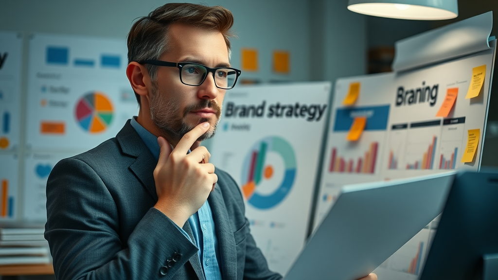 brand manager analyzing brand reputation strategy board; Sterling Heights brand reputation, charts, branding strategy, thoughtful