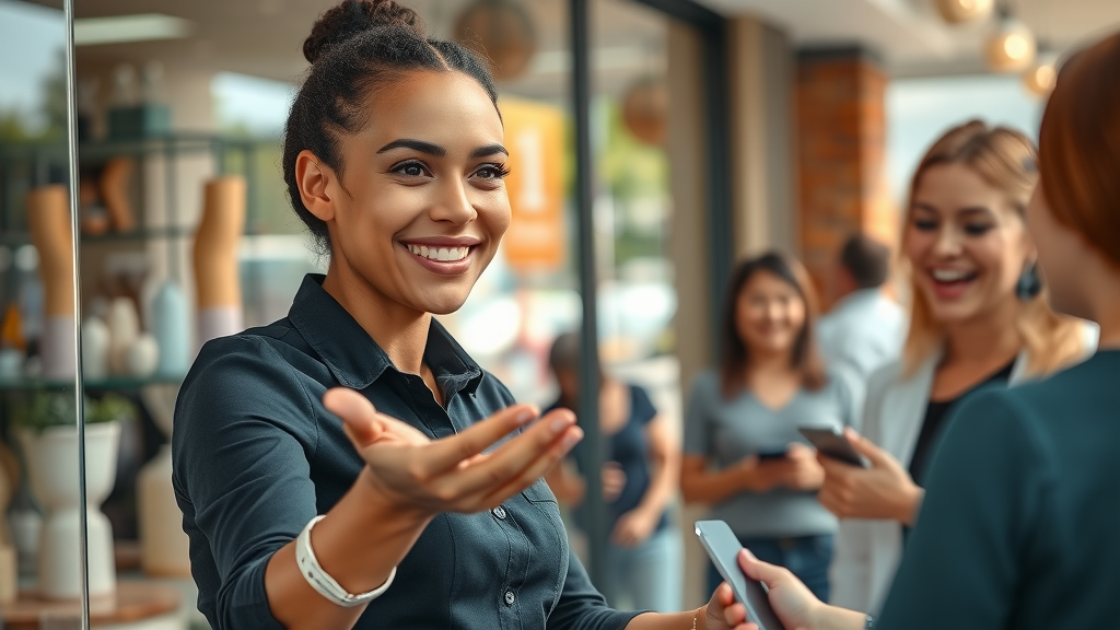 customer service representative assisting happy Sterling Heights customers; strong brand reputation and customer experience