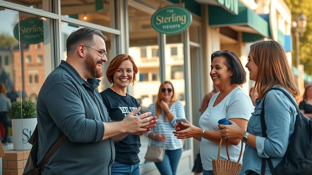 happy local customers engaging with Sterling Heights storefront staff, positive brand reputation, customer experience