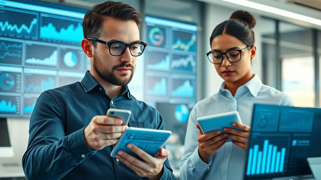 Modern marketing professionals analyzing interactive engagement metrics dashboards in a contemporary digital office.