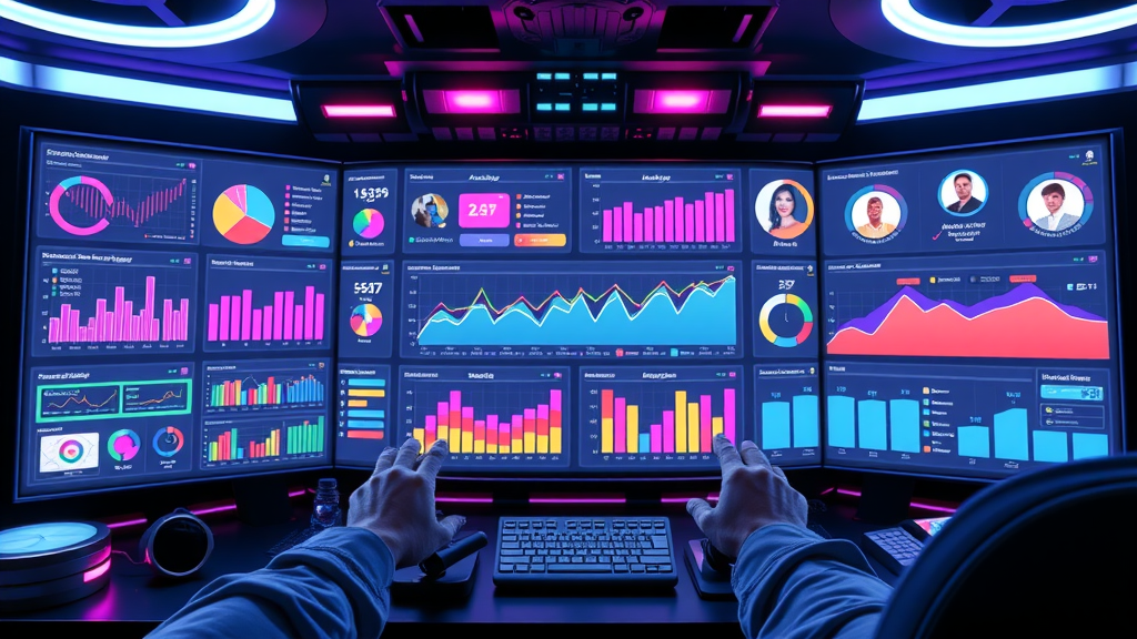 Vibrant analytics dashboard segmenting website and social media engagement metrics in a futuristic control room.