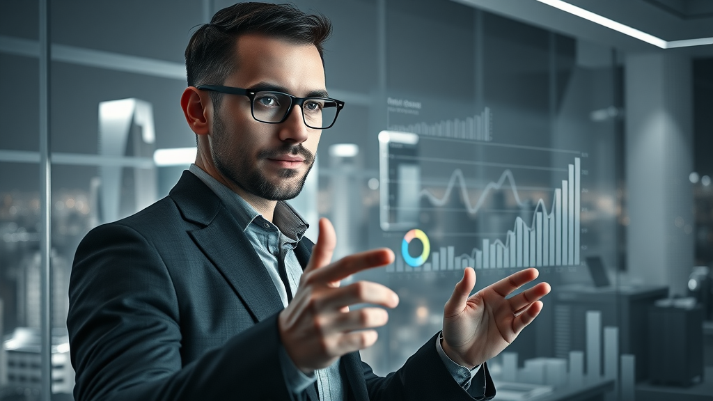 Confident digital marketer using modern analytics tools to measure engagement metrics at a futuristic workspace.