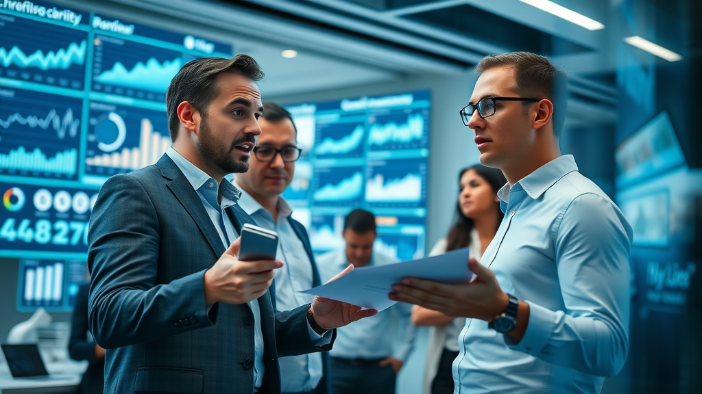 Business professionals analyzing data on content distribution channels in a modern office with glowing digital statistics displays