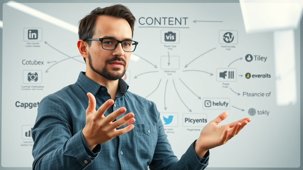 Marketing professional presenting a flowchart of content distribution channels on a digital whiteboard