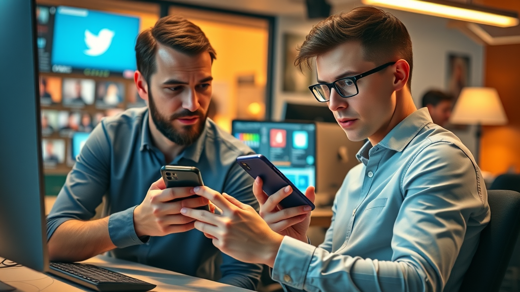 Social media manager multitasking between smartphones and desktop while posting and tracking content