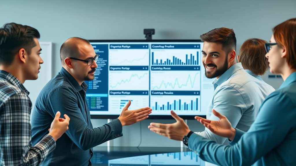 Marketing team reviewing paid versus organic content distribution analytics in a modern meeting room