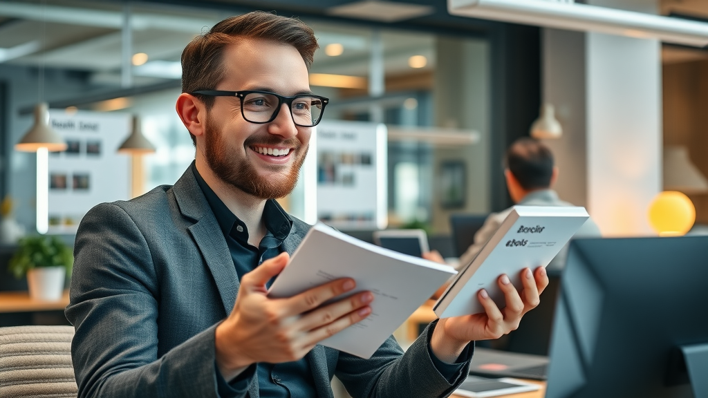 B2B marketer distributing eBooks and infographics across platforms in a co-working space