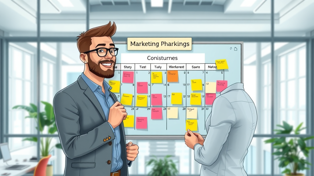 Organized marketing planner arranging content distribution strategy with sticky notes and a glass board