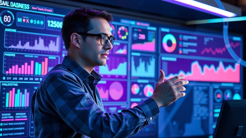 Marketing professional automating social media and email campaigns with a futuristic SaaS dashboard