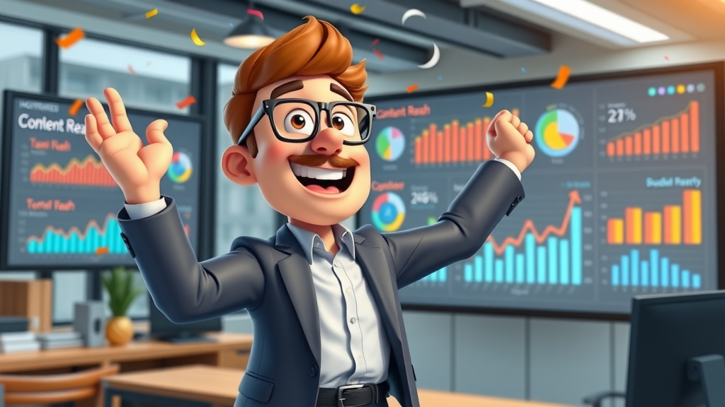 Digital marketer celebrating improved content reach metrics in a colorful, animated office environment