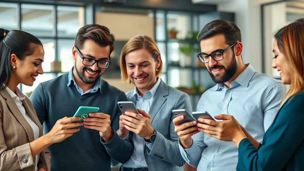 Business team collaborating using WhatsApp on mobile devices, modern office setting, highly detailed, expressions of teamwork, photorealistic, 85mm lens.