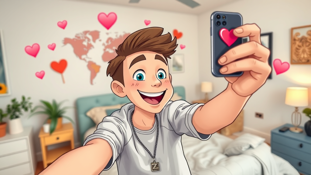 Artistic Instagram content creator taking a colorful selfie, playful room decor, styled props, hearts and comments swirling, soft pastel colors, 20mm lens.