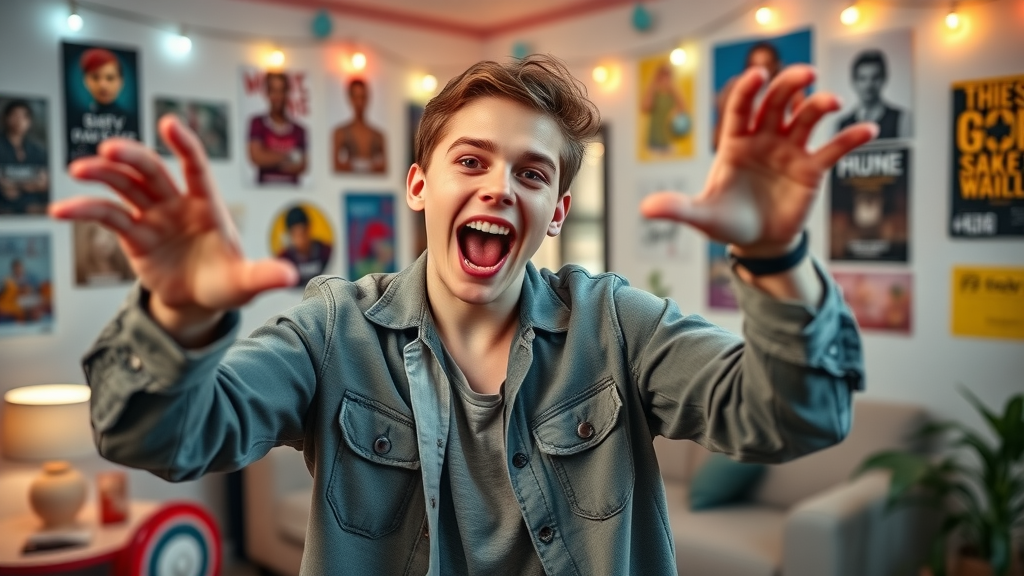 Gen Z influencer doing dynamic viral TikTok dance at home, energetic and colorful, highly detailed, strobe lighting, 24mm lens.