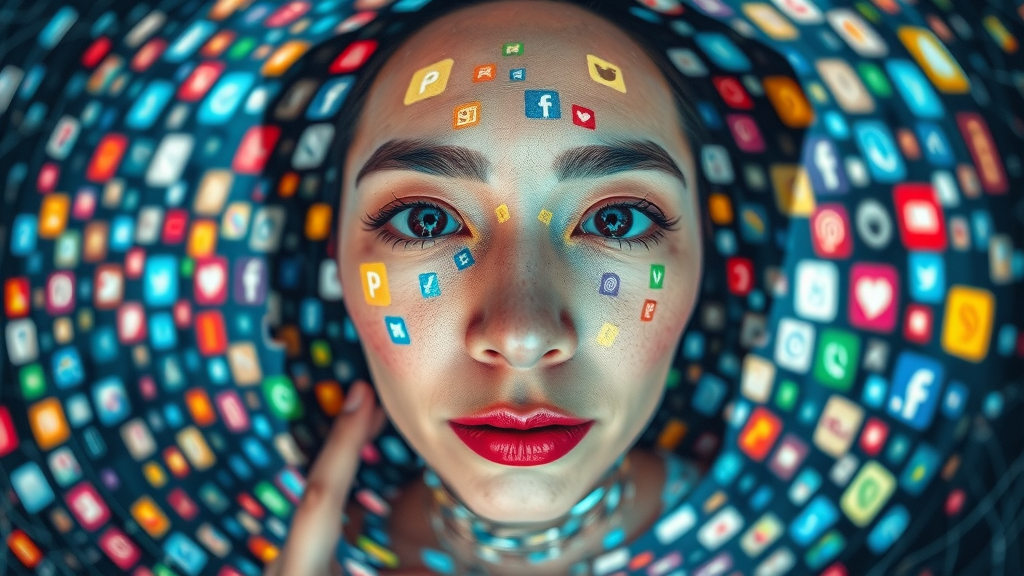 Colorful mosaic of social media platform icons layered over an abstract digital world, glowing illuminated spectrum, fisheye lens view.