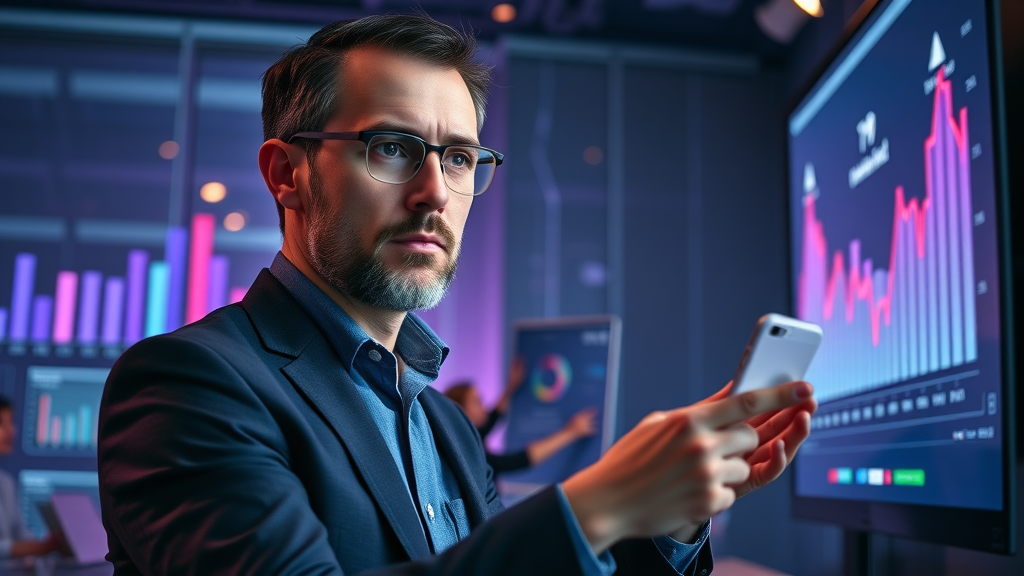 Social media strategist reviews upward trend data on user growth, conference room setting with purple and blue lighting, charts and arrows on screen, 70mm lens.