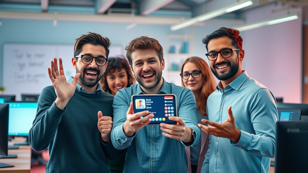 Innovative startup team launching a new social media app, presenting and celebrating in a high-tech coworking space, creative lighting, 50mm lens.