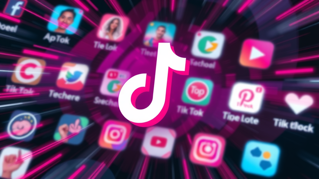 TikTok logo in motion, energetic and glowing, abstract background hinting at speed, blurred social media app icons, tilt-shift lens.