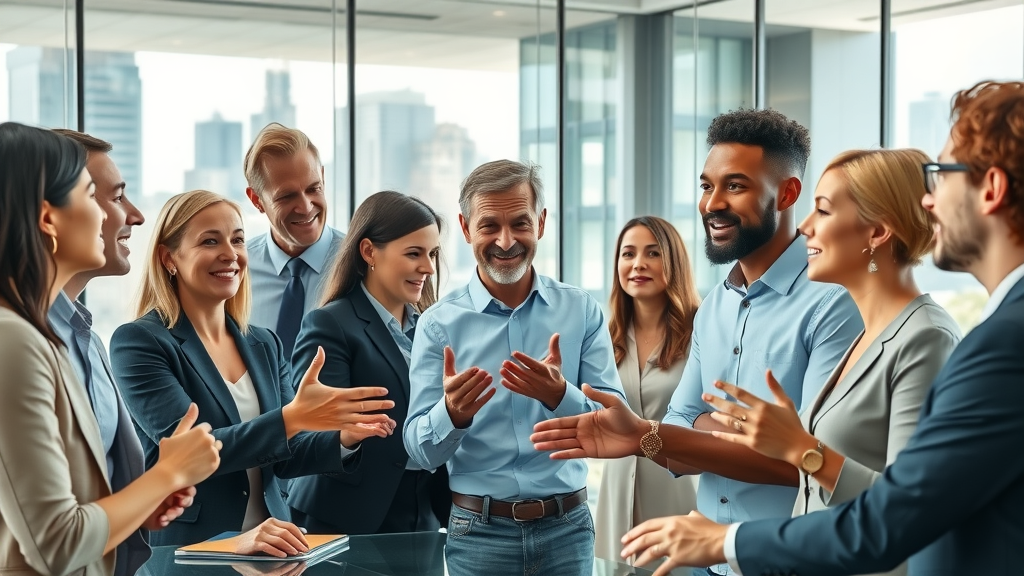 Dynamic business meeting scene showcasing a group of diverse professionals enthusiastically discussing the vision of their corporate brand in a sleek modern office with cityscape view.