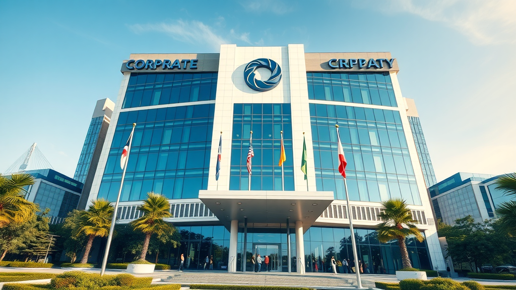 Inspiring corporate headquarters with bold architecture and a prominent logo, symbolizing a confident and stable corporate identity within a business district setting.