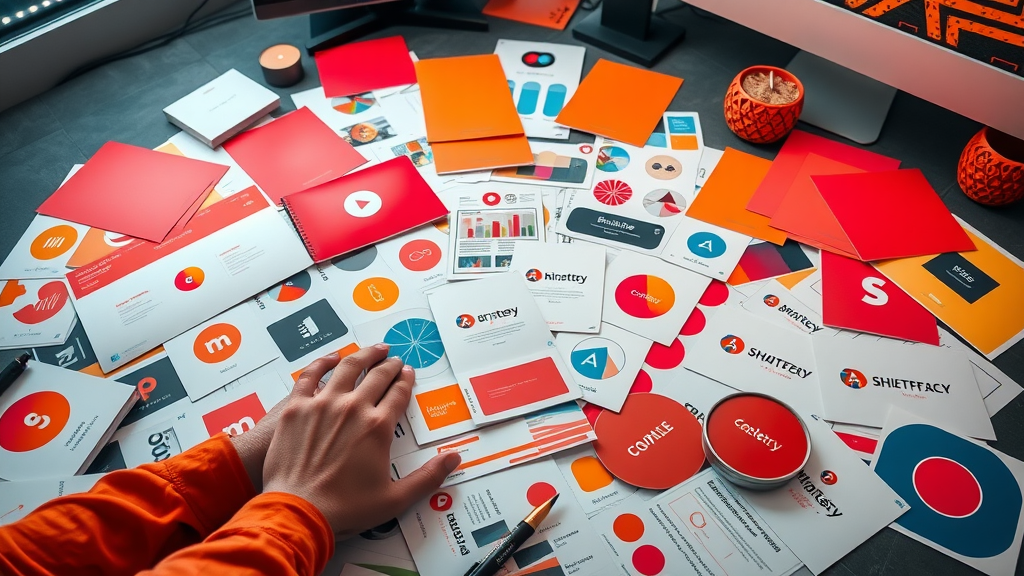 Creative branding mood board with vibrant color swatches, logos, and marketing materials—symbolizing strategy and the creative process behind a compelling corporate brand.