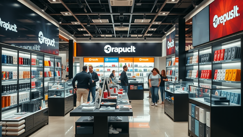 Product showcase in a branded retail environment, illustrating the alignment between product branding and a strong corporate brand in a polished store.