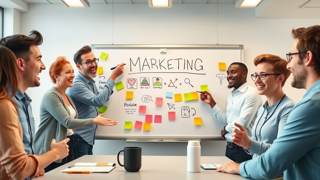 Motivated marketing team brainstorming branding ideas, collaborating energetically to build a strong corporate branding strategy with creative visuals and teamwork.