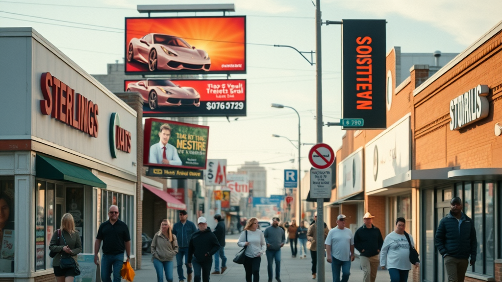 Sterling Heights small businesses with online paid ads on digital billboards, vibrant urban community, people outdoors, daylight, highly detailed