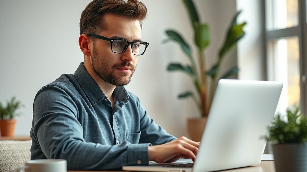 Business owner reviewing online paid ads dashboard, analyzing digital marketing results on laptop, confident in ad campaigns, cozy workspace