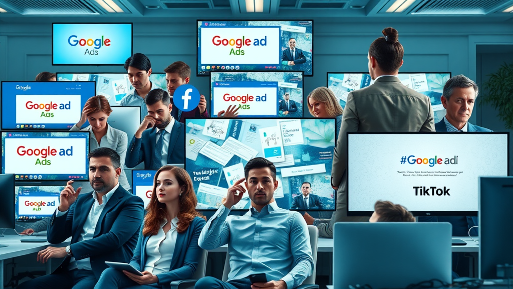 Online paid ads on Google Ads, Facebook Ads, TikTok devices, business team in office discussing advertising platforms, digital marketing environment, bright office lighting