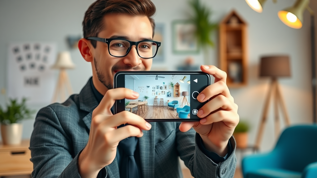 Young entrepreneur filming video ad for social media, creating online paid ads content, enthusiastic and modern workspace
