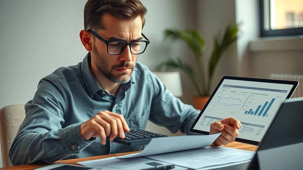 Small business owner calculating ad spend for online paid ads, budgeting with confidence, digital marketing reports in tidy workspace