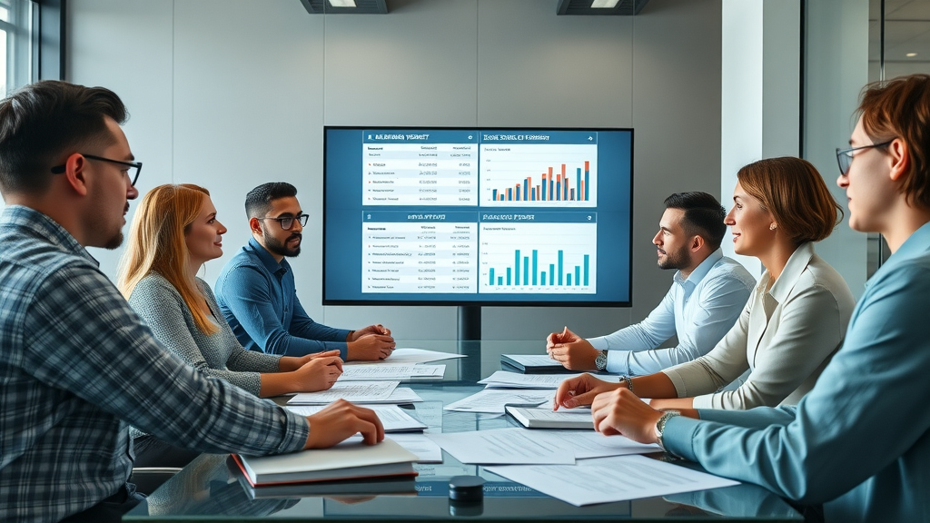 Marketing team analyzing ad spend for online paid ads, reviewing data in office, collaborative digital marketing campaign planning
