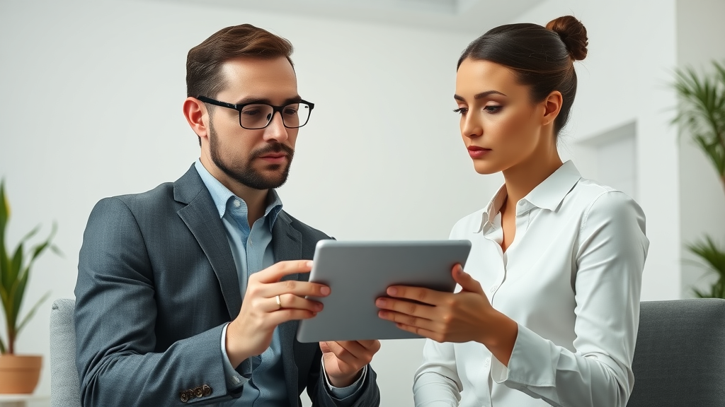 Business consultant comparing advertising platforms for online paid ads, providing digital marketing advice to client, well-lit modern office