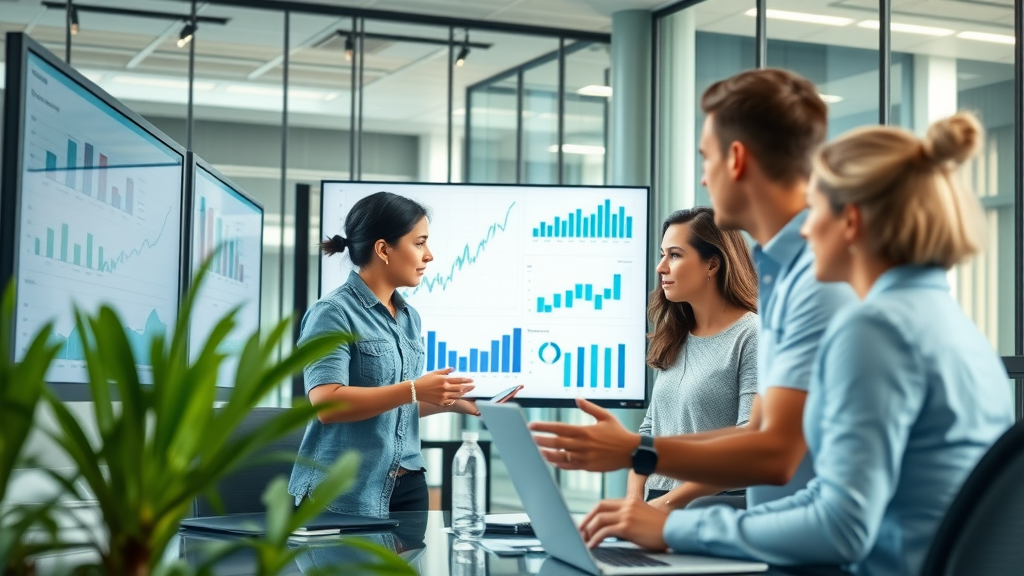 content marketing metrics team analyzing digital charts in a modern office workspace