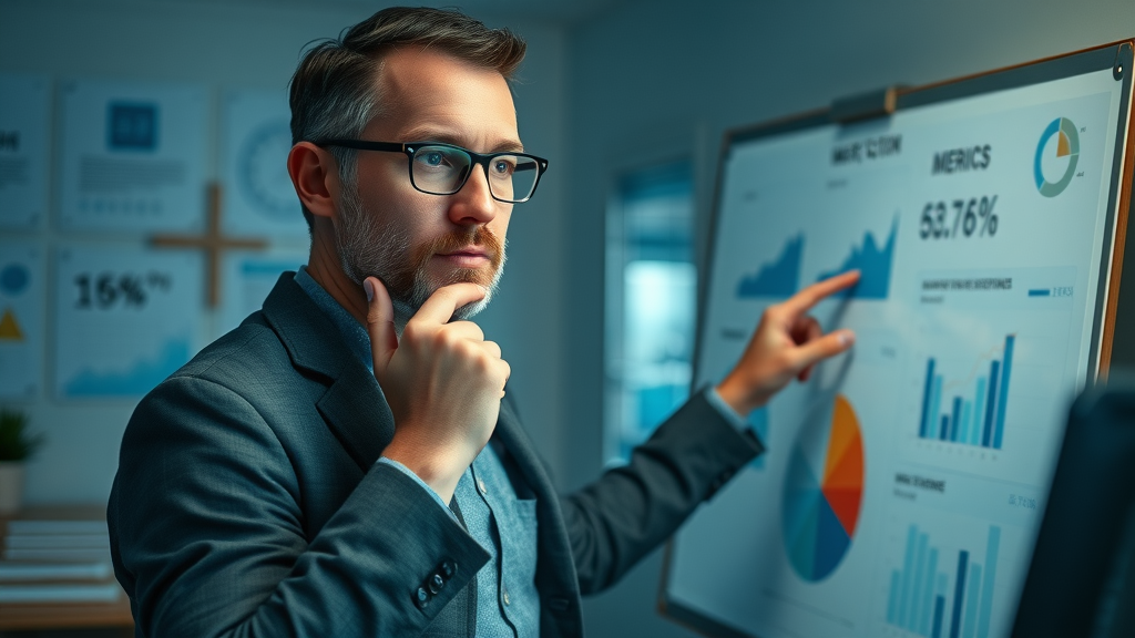 marketing strategist reviewing content marketing metrics infographic at whiteboard
