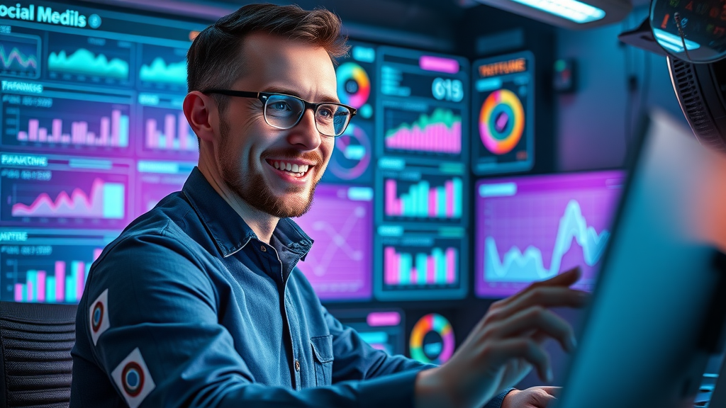 social media analyst monitoring content marketing metrics on real-time dashboards
