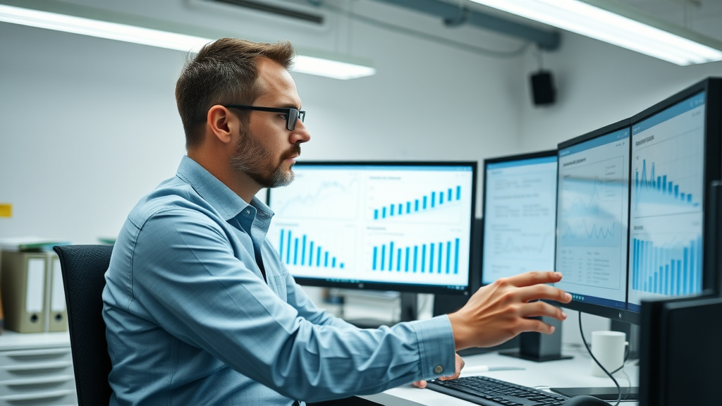 analytics professional evaluating content marketing performance with dual monitors