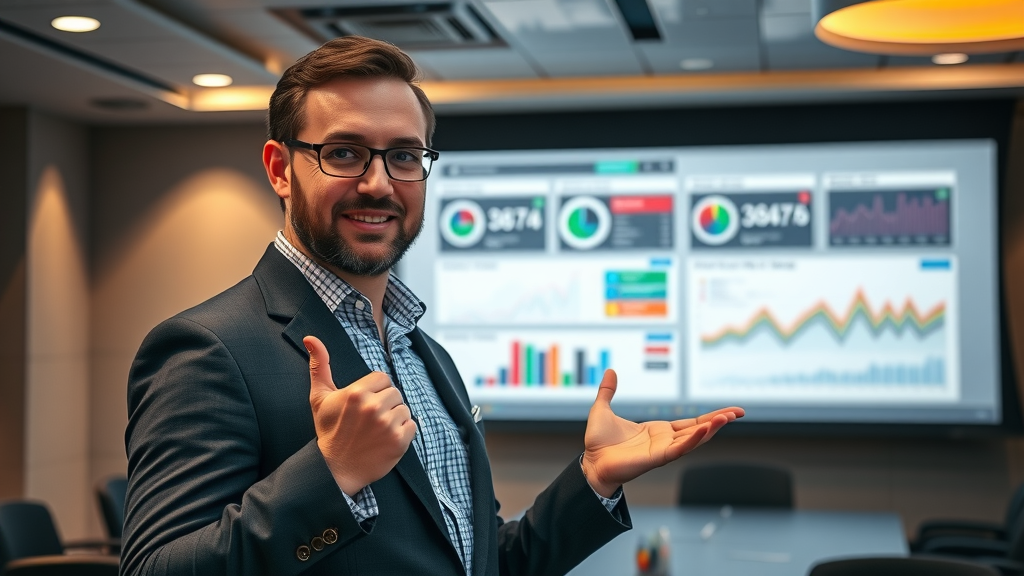 marketing expert presenting real-world content marketing metrics dashboard with animated visualizations