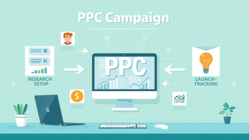 infographic showing PPC campaign workflow including research, setup, launch, and tracking